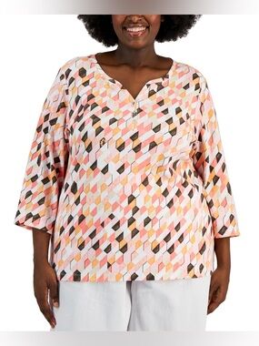 Karen Scott 3/4 Sleeve Geometric Print Henley